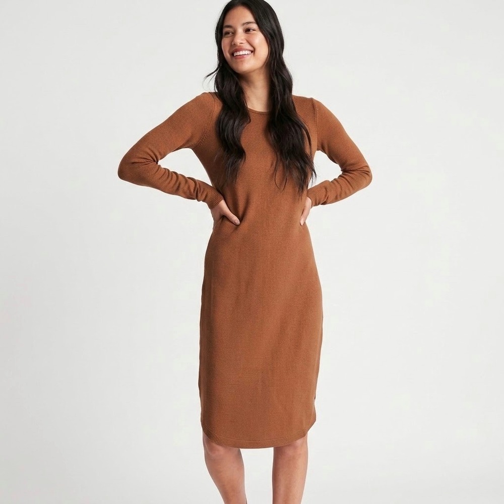 Kit & Ace | Tan Brown Long Sleeve Wool Blend Midi Dress Curved Hem Size M